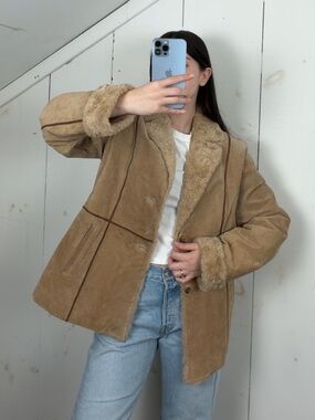 Gallery Suede Leather Button Front Jacket Womens L Faux Fur Trim Penny Lane Coat